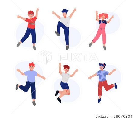 Happy boys and girls jumping with raising hands set. Joyful children having fun or celebrating success cartoon vector illustration 98070304