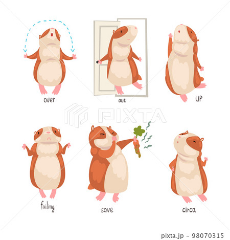 Cute hamster demonstrating English language prepositions of place set. Over, out, up, failing, save, circa words. Educational material for kids education cartoon vector illustration Cute hamster demonstrating English language prepositions of place set. Over, out, up, failing, save, circa words. Educational material for kids education cartoon vector illustration 98070315