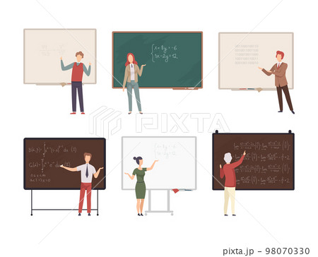 Teachers and professors standing in front of blackboard giving lecture at school, college or university set cartoon vector illustration Teachers and professors standing in front of blackboard giving lecture at school, college or university set cartoon vector illustration 98070330