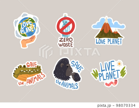 Set of ecology stickers. Save animals, love...のイラスト素材 [98070334] - PIXTA