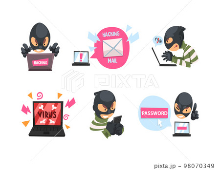 Masked hacker hacking devices for stealing data and money set. Cyber crime, security cartoon vector illustration 98070349