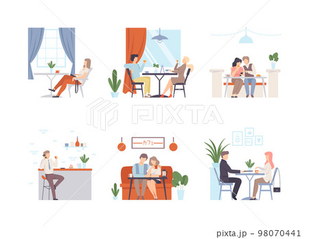 People sitting in cafe or restaurant, drinking coffee and communicating set flat vector illustration People sitting in cafe or restaurant, drinking coffee and communicating set flat vector illustration 98070441