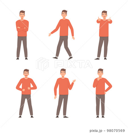 Full length of young man expressing positive and negative emotions and gesturing set cartoon vector illustration 98070569