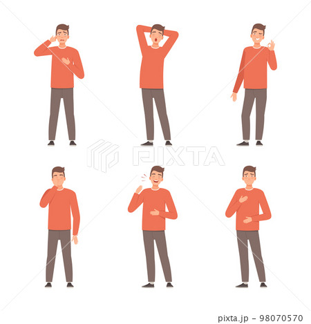 Young man expressing positive and negative emotions and gesturing set cartoon vector illustration 98070570