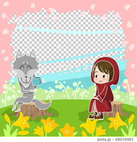 桜満開の春の草原で談笑する赤ずきんとオオカミ 桜満開の春の草原で談笑する赤ずきんとオオカミ 98070991