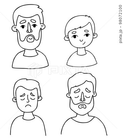 Male faces. Portraits of father and son. Emotions happy and sad. Vector line hand drawings in doodle style. Isolated faces avatars for design Male faces. Portraits of father and son. Emotions happy and sad. Vector line hand drawings in doodle style. Isolated faces avatars for design 98072100