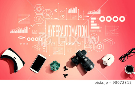 Hyperautomation theme with electronic gadgets and office supplies 98072315
