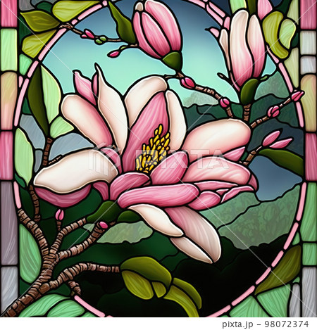 Arch stained glass style window with floral arrangement of magnolia flowers on green background. Generative AI. Not based on any actual scene or pattern Arch stained glass style window with floral arrangement of magnolia flowers on green background. Generative AI. Not based on any actual scene or pattern 98072374