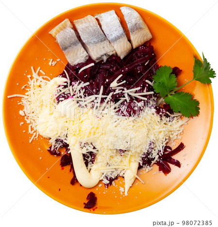 Beetroot served with cheese and pickled mackerel 98072385