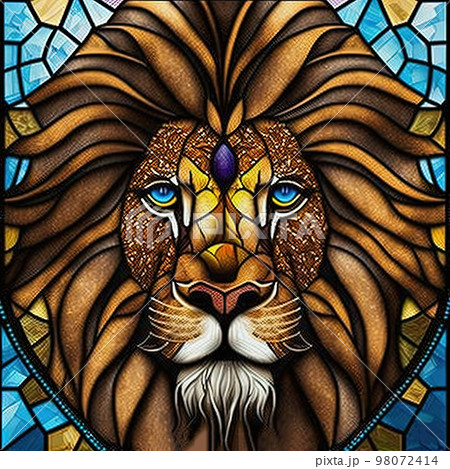 Sained glass style window with lion head.のイラスト素材