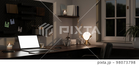 close-up image, Modern home workspace at night with laptop mockup, table lamp, accessories 98073798