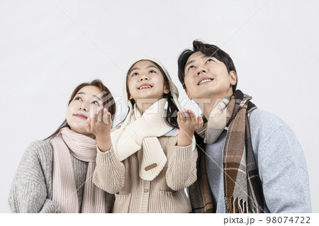 happy Asian Korean family, isolated in white background__in winter fashion, wearing muffler happy Asian Korean family, isolated in white background__in winter fashion, wearing muffler 98074722