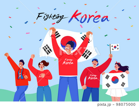 Korean people wearing worldcup football cheer costume, red devil_holding Taegeukgi national flag and cheering 98075000