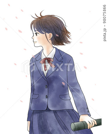 卒業式で制服を着た女子生徒のイラスト背景なし 卒業式で制服を着た女子生徒のイラスト背景なし 98075866