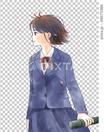 卒業式で制服を着た女子生徒のイラスト背景なし 卒業式で制服を着た女子生徒のイラスト背景なし 98075866