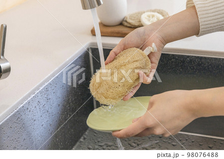 eco friendly habits hand gesture_washing dishes with an eco friendly sponge 98076488