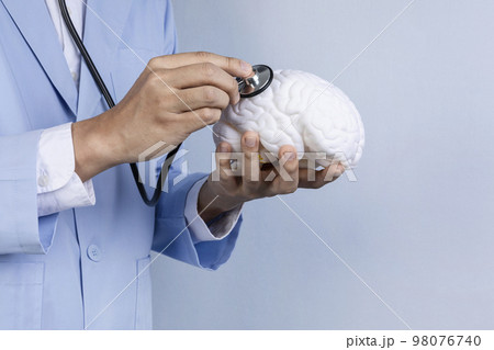 brain health and dementia series_examine a brain model with a stethoscope 98076740