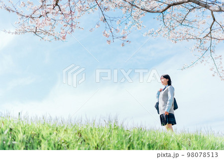 桜の咲いた河川敷を通学する女子高生 98078513