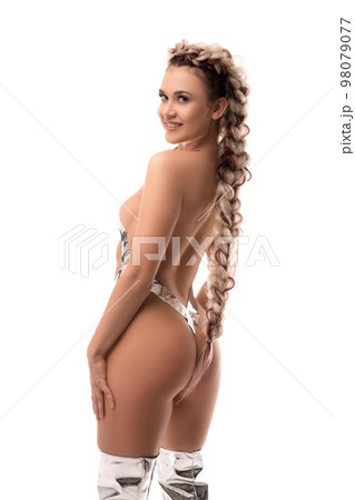 Sensual woman in silver tape underwear 98079077