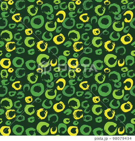 Grunge Sketch Hand Drawn Brush Circles Green and Yellow Vector Seamless Pattern 98079434