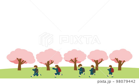 桜の下で走る小学生　ランドセル赤黒 98079442