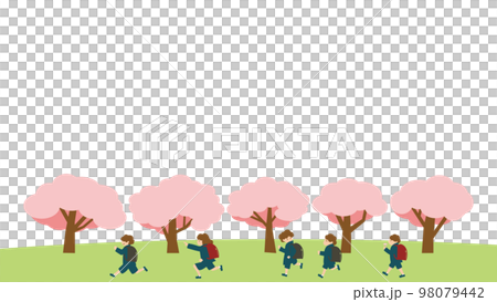 桜の下で走る小学生　ランドセル赤黒 98079442