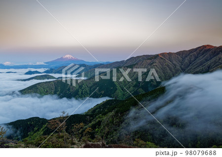 丹沢表尾根・三ノ塔から夜明けの富士山・塔ノ岳と雲海・滝雲 98079688