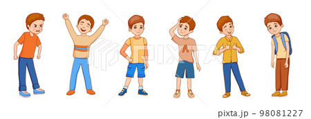 Vector flat cartoon illustrations teenager set isolated on white background. Cute happy boy showing thumbs, angry and delighted. Vector flat cartoon illustrations teenager set isolated on white background. Cute happy boy showing thumbs, angry and delighted. 98081227