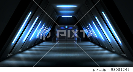 Dark hall with metal door and blue illumination 98081245