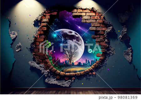 fantastic design creative interior with a portal on the wall leading to another dimension 98081369