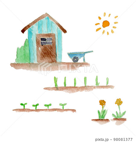 ガーデニング小屋の水彩イラストセット 98081377