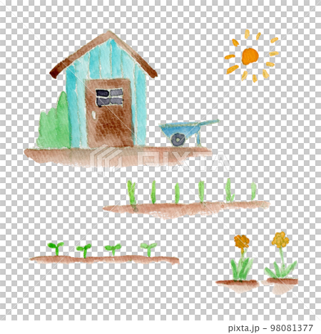 ガーデニング小屋の水彩イラストセット 98081377