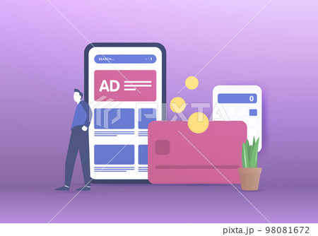 Mobile App Advertising Revenue concept. Increasing in-app Ad, optimization pay per click ads revenue. PPC digital marketing strategy vector illustration Mobile App Advertising Revenue concept. Increasing in-app Ad, optimization pay per click ads revenue. PPC digital marketing strategy vector illustration 98081672