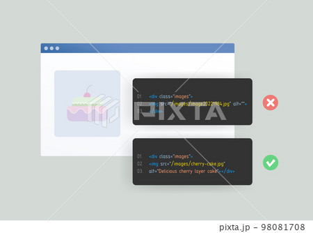 Image SEO and alt text and title tags concept. Optimize images for better rankings in search engines, increase organic traffic and improve website content. 98081708
