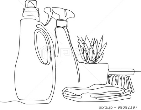 Continuous one line drawing of bottles for liquid laundry detergent, bleach, fabric softener, dishwashing liquid or another cleaning agent. Easy to place your text and brand logo. Vector illustration Continuous one line drawing of bottles for liquid laundry detergent, bleach, fabric softener, dishwashing liquid or another cleaning agent. Easy to place your text and brand logo. Vector illustration 98082397