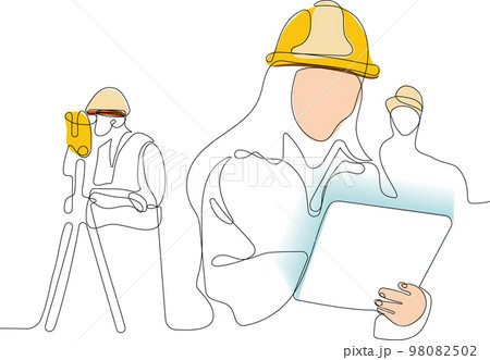 Close up of young Caucasian worker with helmet on head using tablet for work while standing in warehouse. Surveyor with a tripod icon. Geodesic tripod. Vector illustration Close up of young Caucasian worker with helmet on head using tablet for work while standing in warehouse. Surveyor with a tripod icon. Geodesic tripod. Vector illustration 98082502