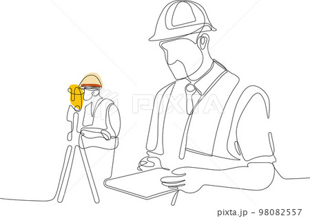 Close up of young Caucasian worker with helmet on head using tablet for work while standing in warehouse. Surveyor with a tripod icon. Geodesic tripod. Vector illustration 98082557