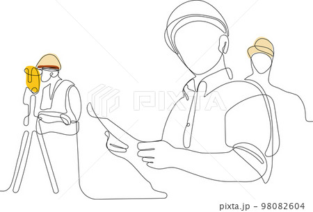 Close up of young Caucasian worker with helmet on head using tablet for work while standing in warehouse. Surveyor with a tripod icon. Geodesic tripod. Vector illustration 98082604