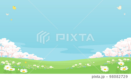 桜と青空の春の背景イラスト　蝶が舞う春の花畑の風景 98082729