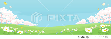 桜と青空の春の背景イラスト　蝶が舞う春の花畑の風景　バナーサイズ 98082730