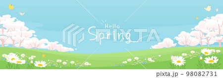 桜と青空の春の背景イラスト　蝶が舞う春の花畑の風景　バナーサイズ 98082731