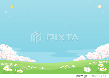 桜と青空の春の背景イラスト　蝶が舞う春の花畑の風景　ポストカードサイズ 98082733