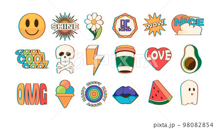 Trendy sticker pack. Cartoon doodle patches and stamps with abstract comic characters and text, trendy hipster badges with funny phrase. Vector set 98082854