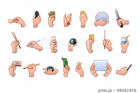 Hands with items. Cartoon human fingers holding different objects and devices, colorful arms with different gestures doodle flat style. Vector set 98082856