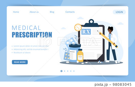 Medical prescription. Landing page template. African woman doctor writing recipe for patient. Healthcare and pharmacy concept. Vector illustration in flat cartoon style Medical prescription. Landing page template. African woman doctor writing recipe for patient. Healthcare and pharmacy concept. Vector illustration in flat cartoon style 98083045