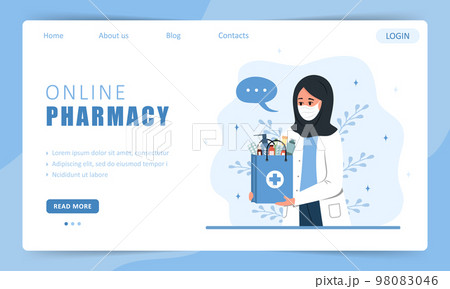 Delivery pharmacy service. Landing page template. Arabian female pharmacist in mask holding paper bag with drugs and pills. Online medicine concept. Vector illustration in flat cartoon style 98083046