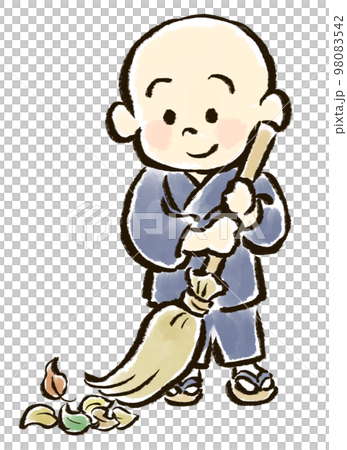 小和尚穿著僧人工作服用掃帚打掃的手繪插畫 98083542