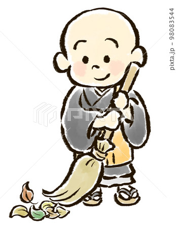 ほうきで掃除をする子供のお坊さんの手描きイラスト 98083544