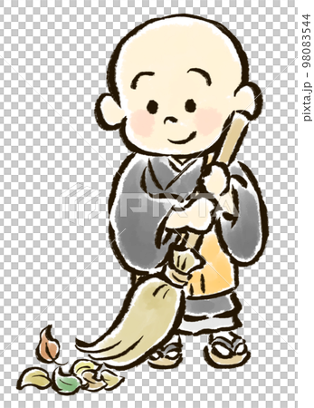 ほうきで掃除をする子供のお坊さんの手描きイラスト 98083544