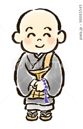 正面を向いて微笑む子供のお坊さんの手描きイラスト 98083545